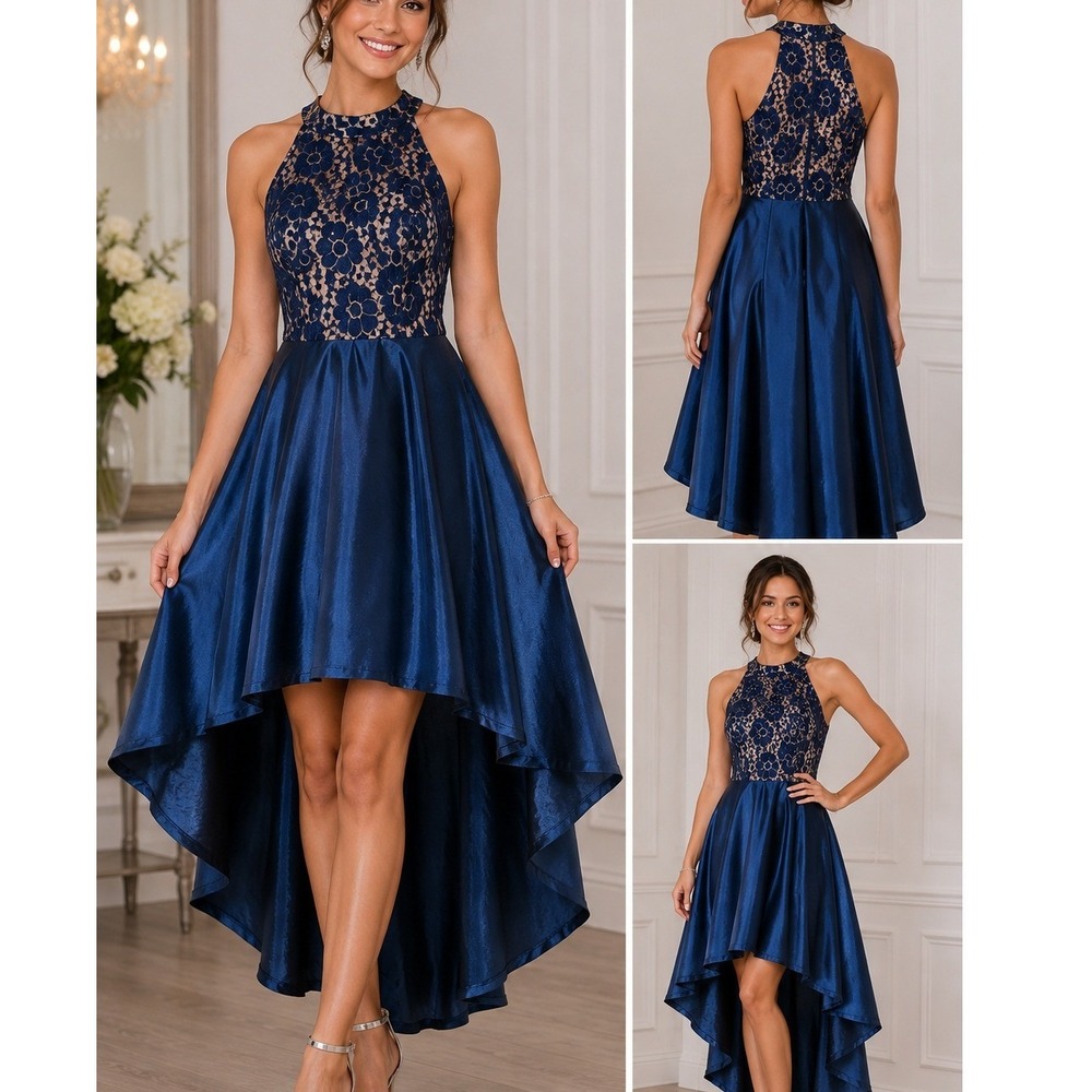 Fashion Classic Navy Blue Gold Lace Halter High Low Cocktail Dress Small
